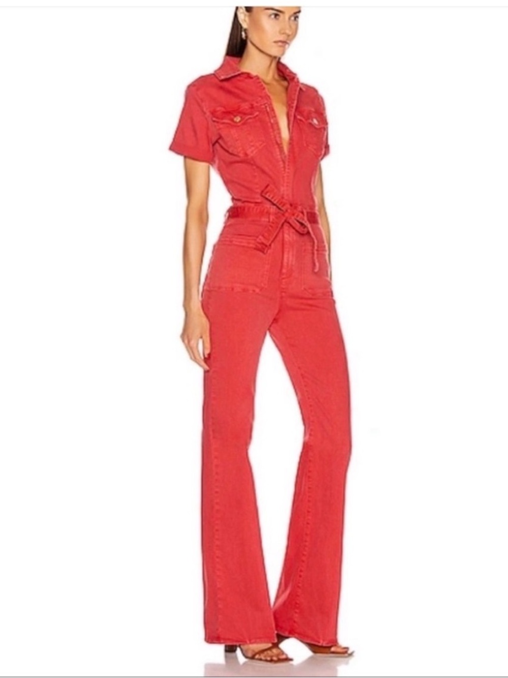 Frame Denim Red Short-Sleeve Utility Jumpsuit with Tie Waist